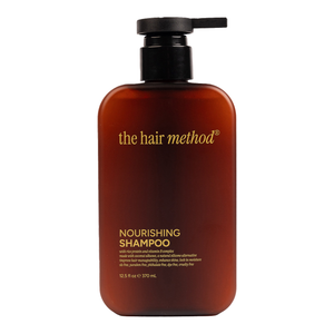 Brown shampoo bottle with pump labeled 'the hair method' on a white background